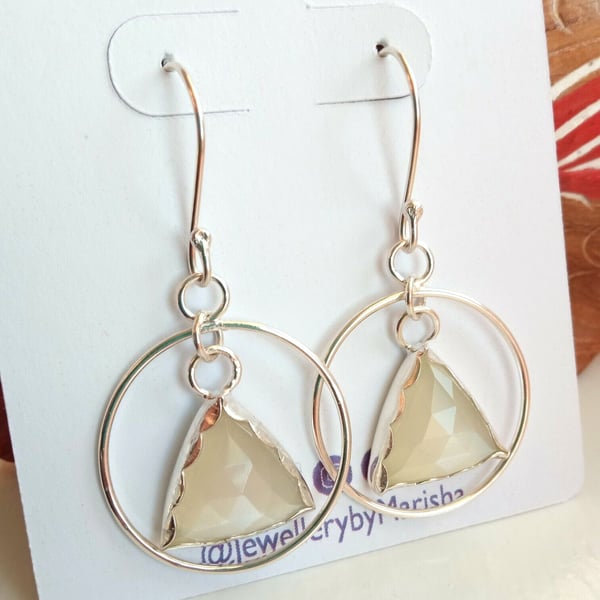 Handmade Rose Cut White Moonstone Gemstone Sterling Silver 925 Dangly Earrings