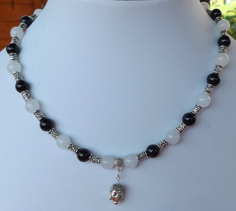Black agate and white Jade Buddha charm16" Necklace 