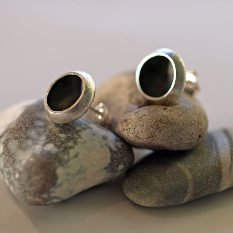 Open Dome Stud Earrings - oxidized sterling silver