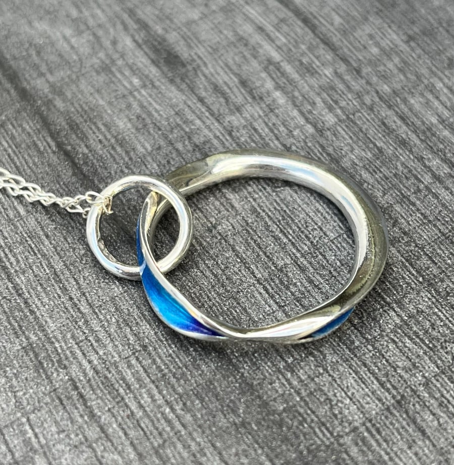 Blue Enamel Pendant, freeform necklace, enamel , silver circle pendant, 