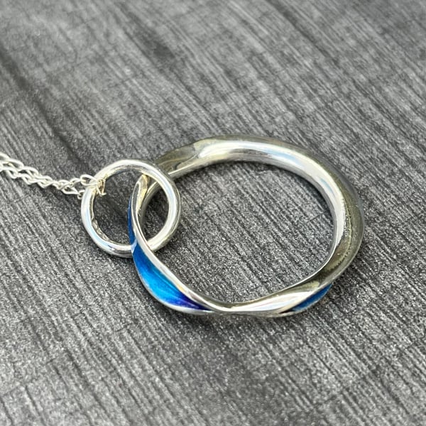 Blue Enamel Pendant, freeform necklace, enamel , silver circle pendant, 