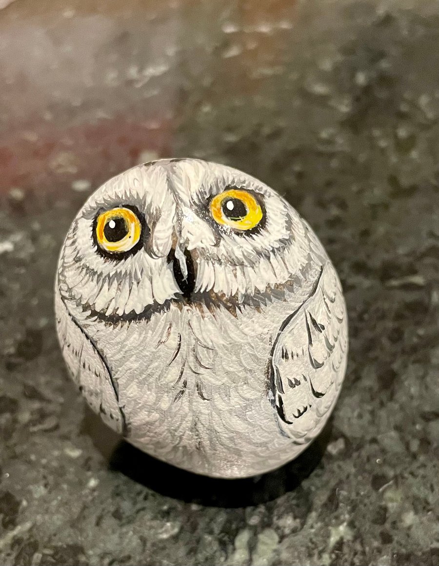 Owl hand painted pebble garden rock art wildlife bird art