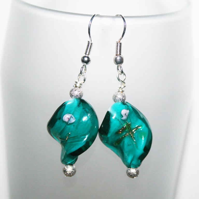 Teal Glass Bead Earrings - Green Glass Twist Drop Earrings
