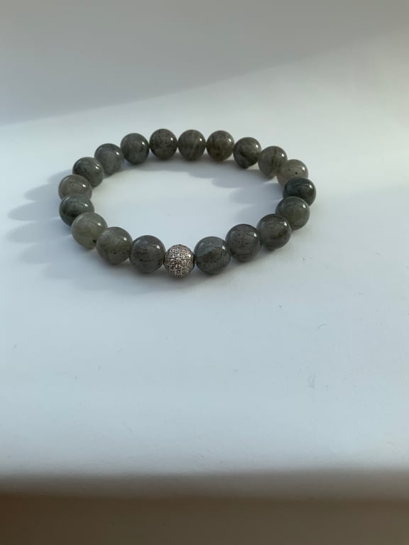 Handmade Labradorite Bead Bracelet with Sterling Silver CZ Accent Stretch Boho