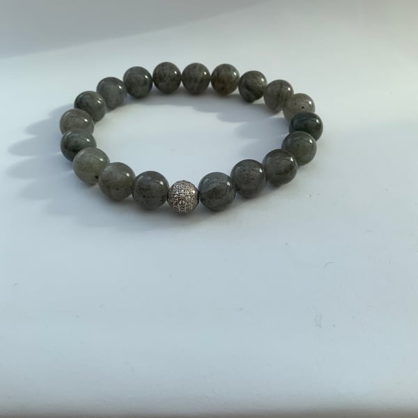 Handmade Labradorite Bead Bracelet with Sterling Silver CZ Accent Stretch Boho