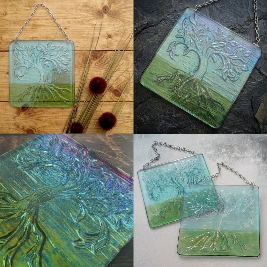 Handmade Fused Glass Tree Of Life Picture - Hanging Wall Plaque - Sun Catcher 