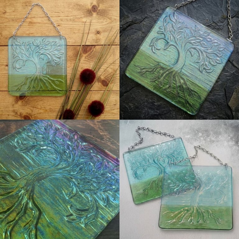 Handmade Fused Glass Tree Of Life Picture - Hanging Wall Plaque - Sun Catcher 