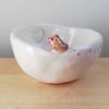 Ceramic handmade tealight with robin bird, heart & birdprints candle holder gift