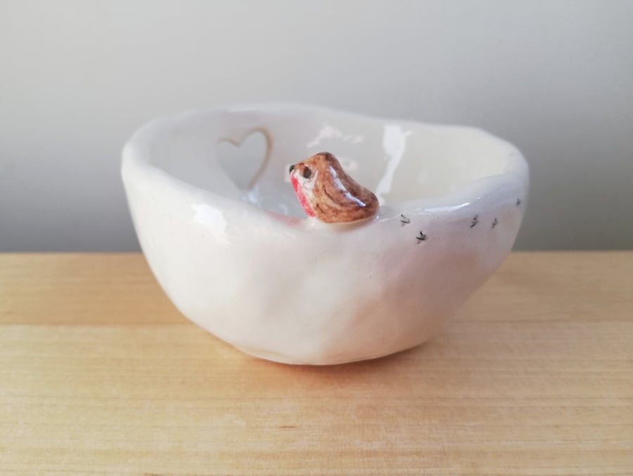 Ceramic handmade tealight with robin bird, heart & birdprints candle holder gift