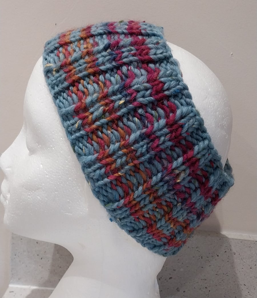 Hand Knitted stripey Merino Headband in Powder Blue 