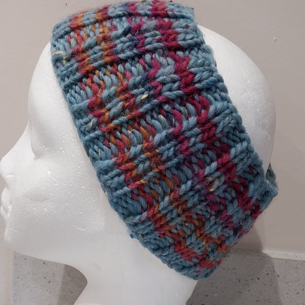 Hand Knitted stripey Merino Headband in Powder Blue 