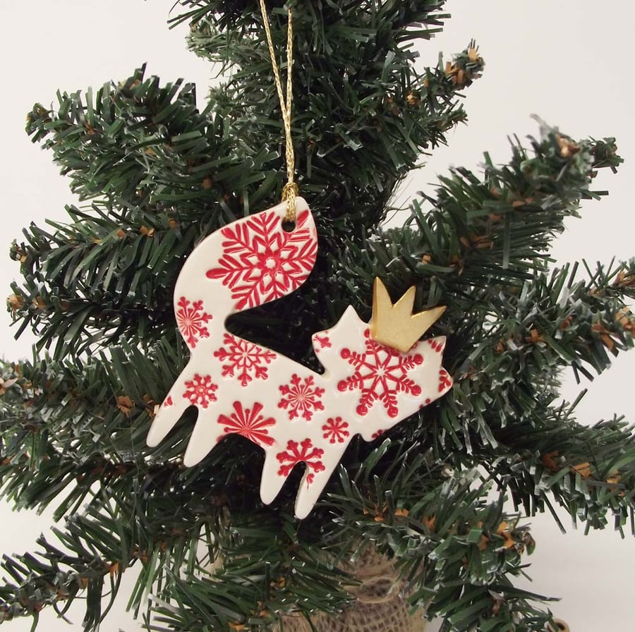 Ceramic Christmas Fox decoration RED