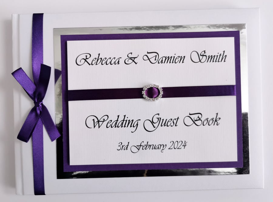 Wedding guest book with cadbury purple ribboon, wedding gift, wedding keepsake