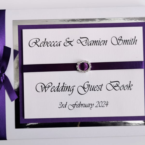 Wedding guest book with cadbury purple ribboon, wedding gift, wedding keepsake