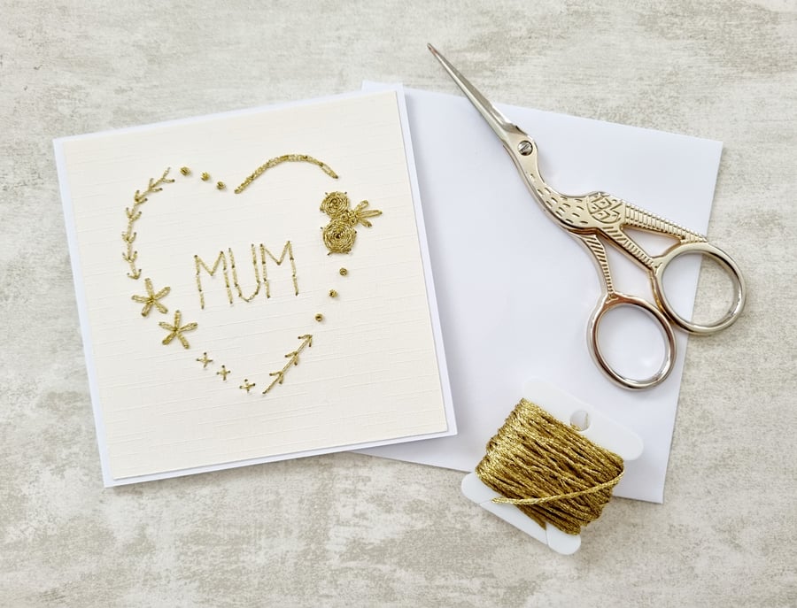  Gold Mum Embroidered Card, Mother's Day Card, New Mum Card