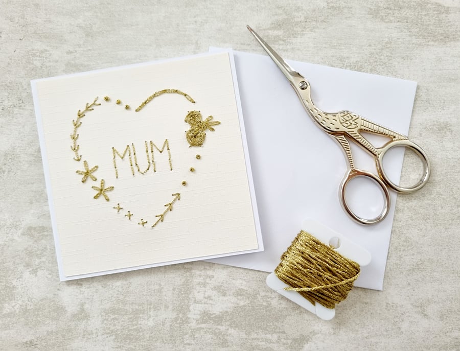 Mum Embroidered Gold Card, Mother's Day Card, New Mum Card