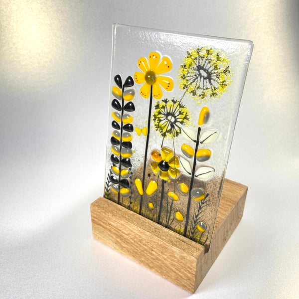Pretty fused glass flower panel in oak base - candle holder