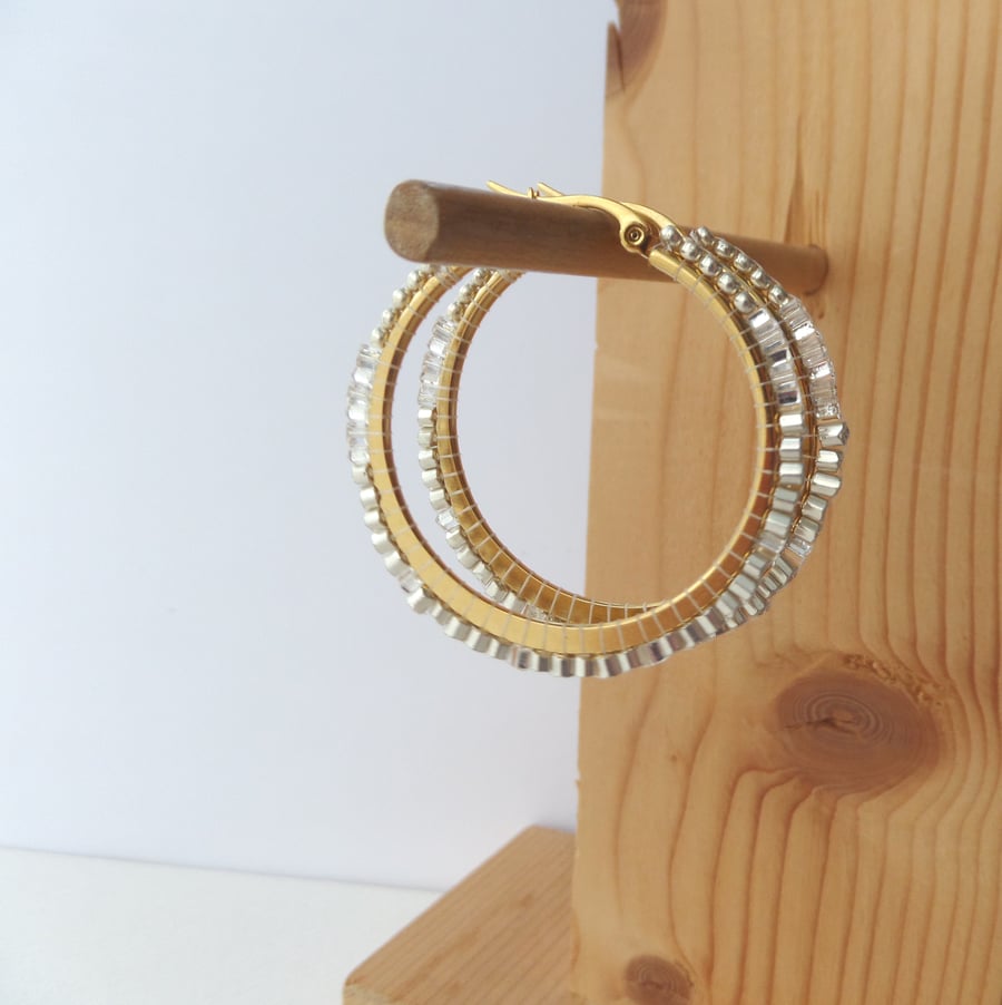 Beaded Gold Hoop Earrings, Big Sparkly Hoops