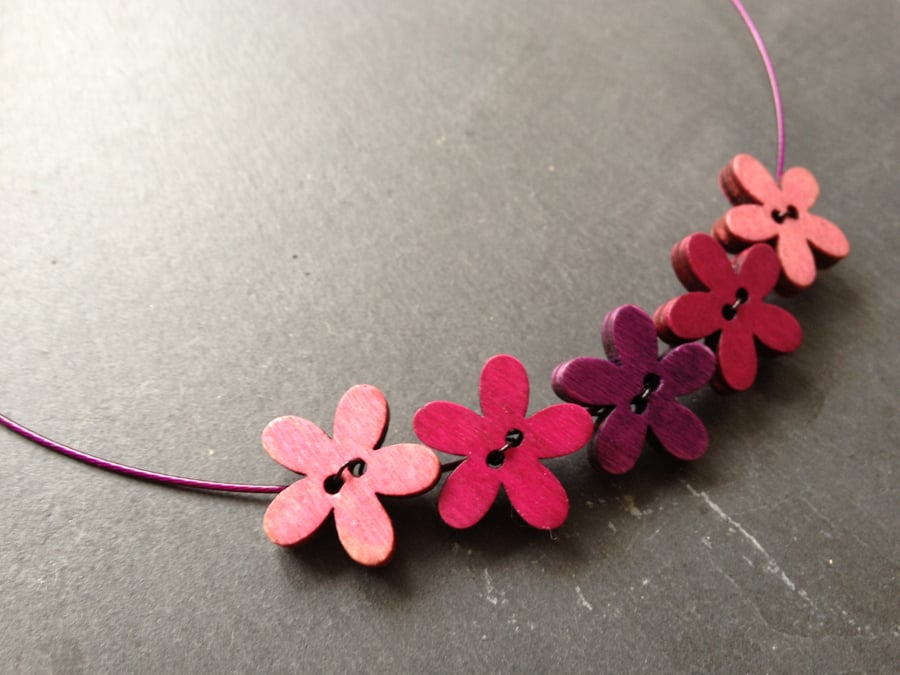 Funky Flowers Button Choker - Cerise, Purple & Rose on Purple Wire