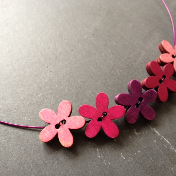 Funky Flowers Button Choker - Cerise, Purple & Rose on Purple Wire