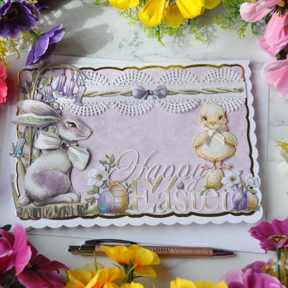 Handmade Easter Card Bunny Rabbit Hare Easter Chick Easter Eggs 3D Luxury