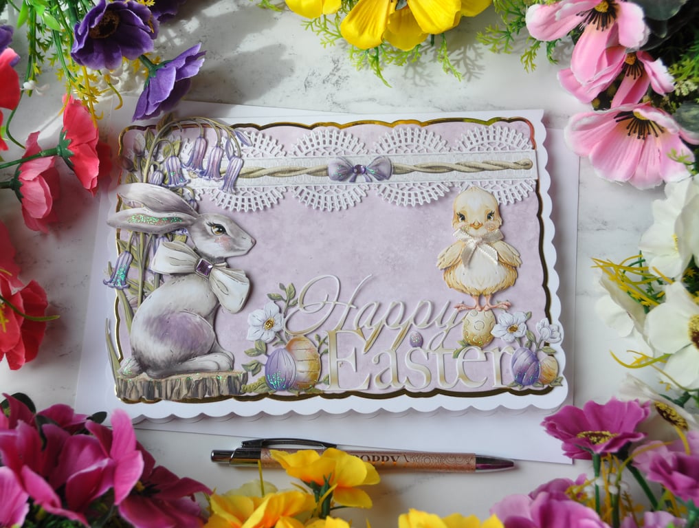 Handmade Easter Card Bunny Rabbit Hare Easter Chick Easter Eggs 3D Luxury