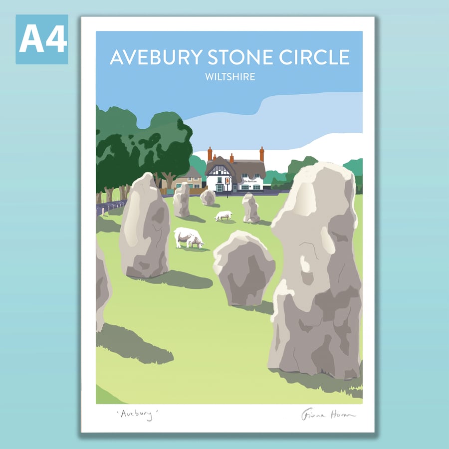 Avebury poster, standing stone circle, Wiltshire, retro style travel print A4