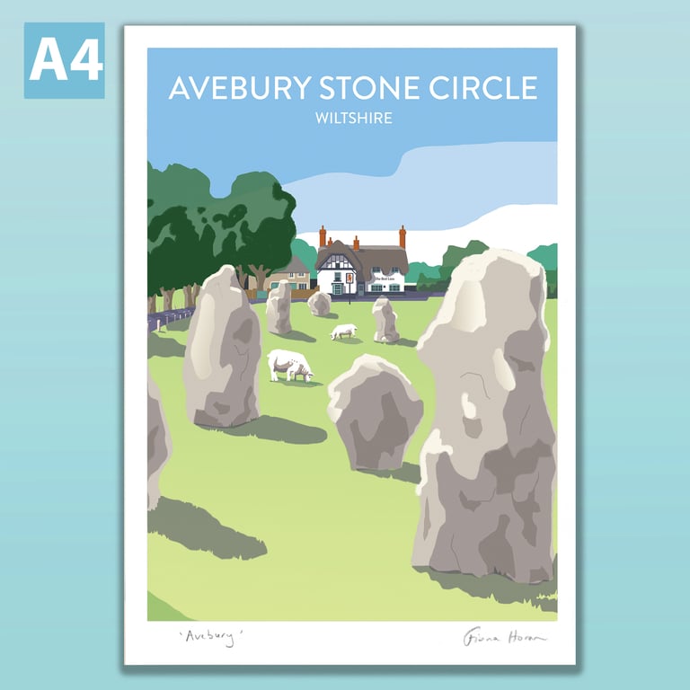Avebury poster, standing stone circle, Wiltshire, retro style travel print A4