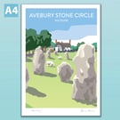 Avebury poster, standing stone circle, Wiltshire, retro style travel print A4