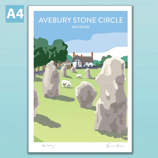 Avebury poster, standing stone circle, Wiltshire, retro style travel print A4