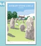 Avebury poster, standing stone circle, Wiltshire, retro style travel print A4