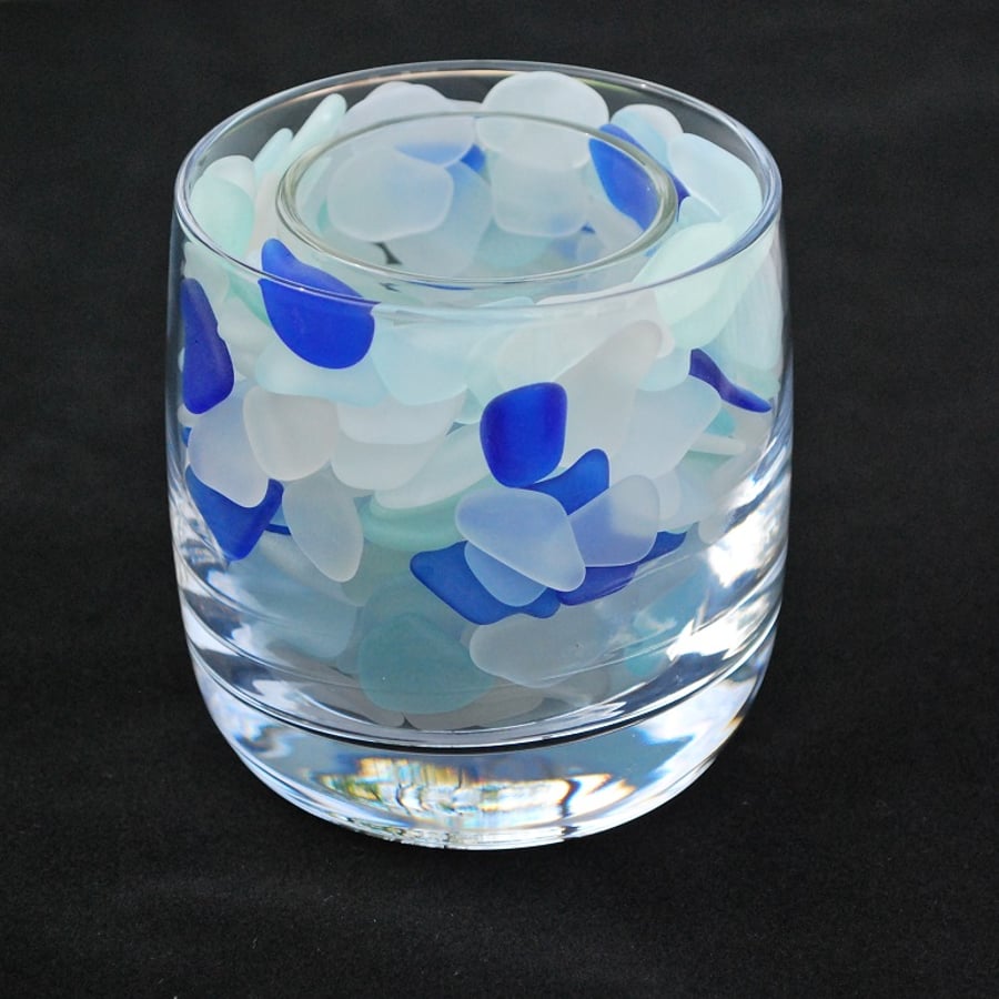 Candle holder with blue, white and aquamarine beach glass 