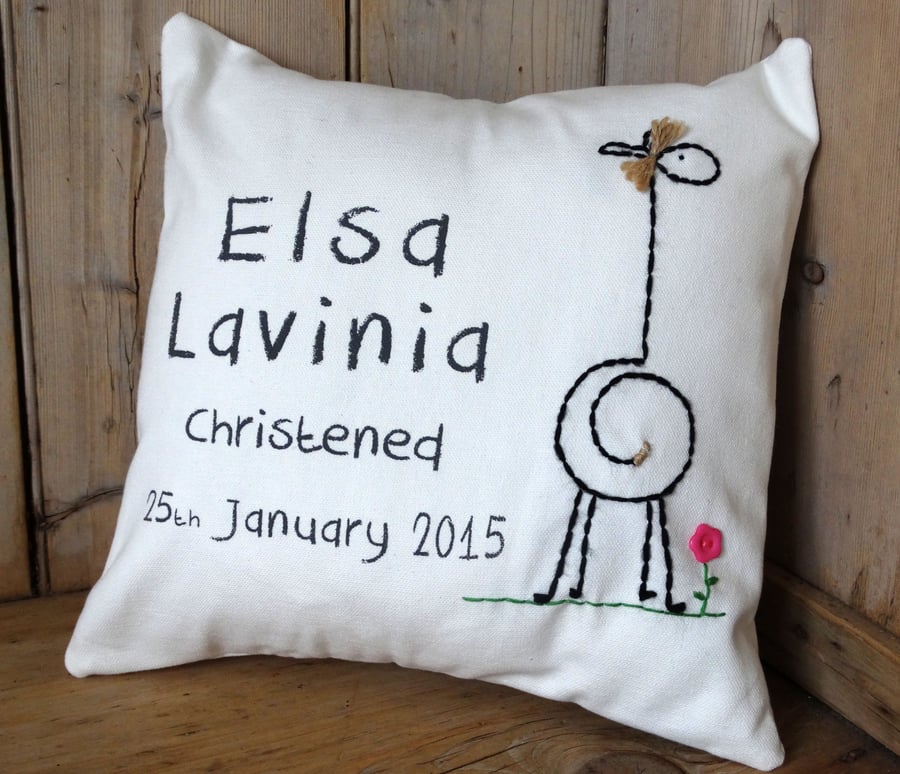 Personalised cushion for christening for boy or girl. Printed with giraffe desig