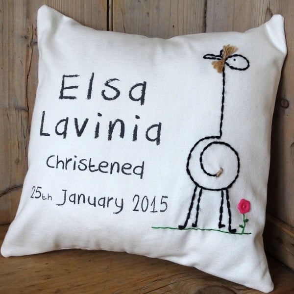 Personalised cushion for christening for boy or girl. Printed with giraffe desig
