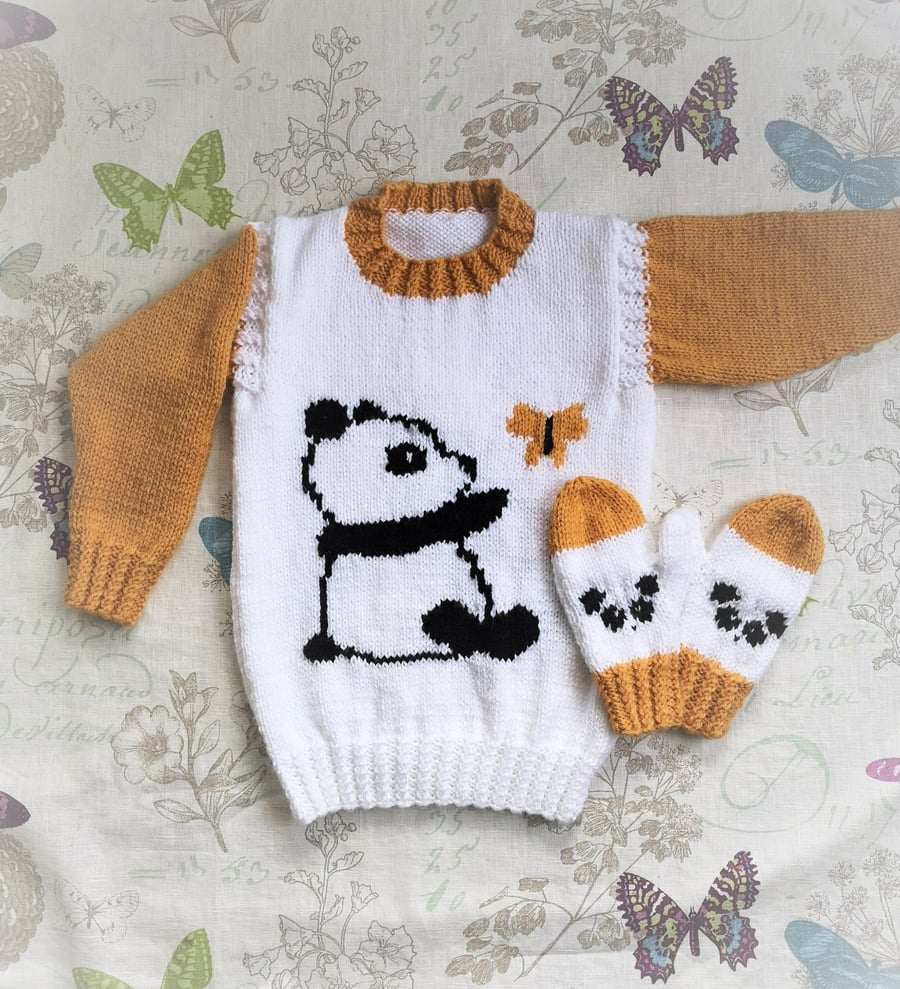 Aran Knitting pattern for girls with Panda and Butterfly Sweater and Mittens