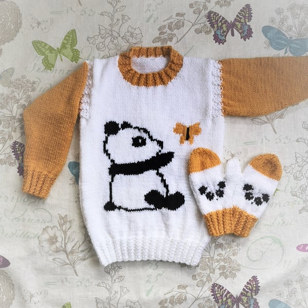 Aran Knitting pattern for girls with Panda and Butterfly Sweater and Mittens