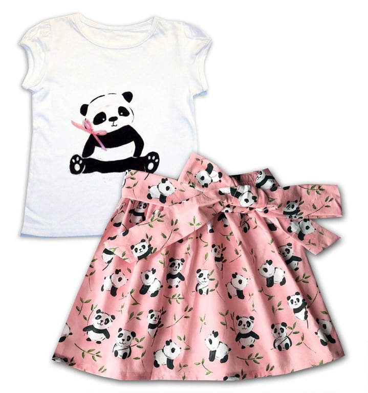 Girl's Panda T-shirt and Skirt Outfit, Girls Clothes
