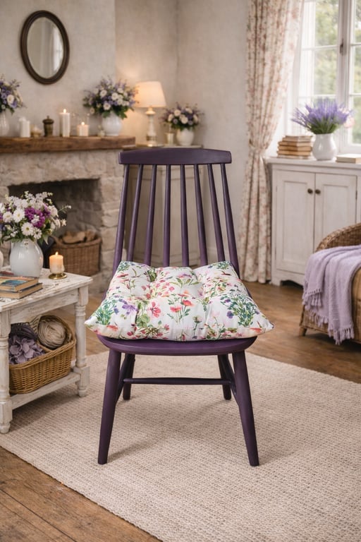 Wooden Vintage Purple Chair Painted and Includes Floral Ditsy Cushion