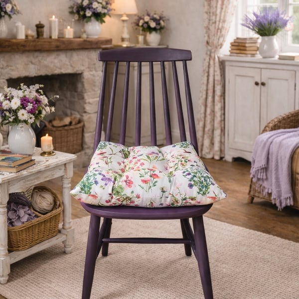 Wooden Vintage Purple Chair Painted and Includes Floral Ditsy Cushion