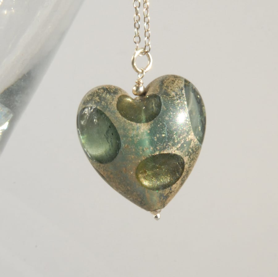 blue grey murano glass heart with white gold foil pendant and silver chain.