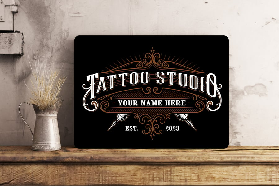 Personalised Tattoo Studio Black Metal Wall Sign Gift Present 