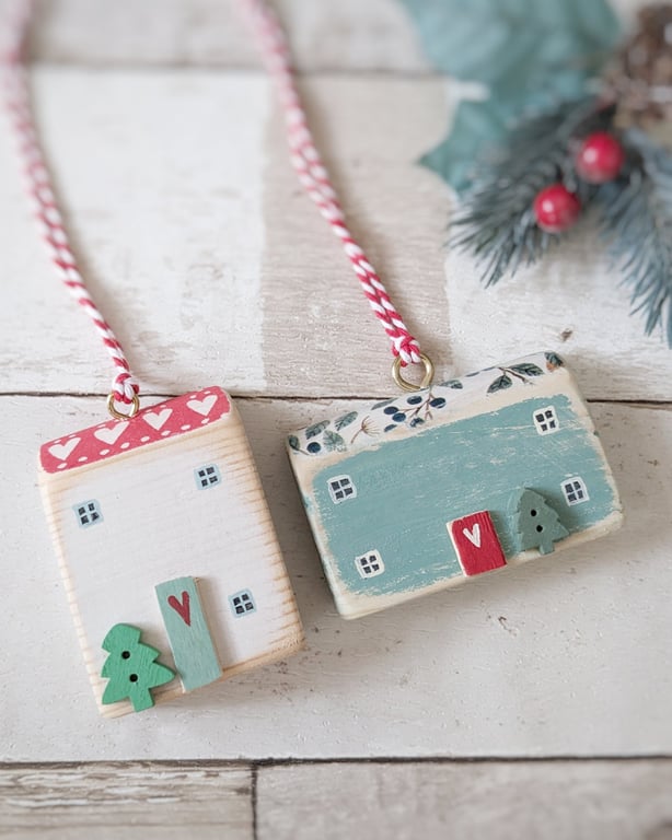 Set of 2 Wooden Christmas House Hanging Decorations