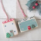 Set of 2 Wooden Christmas House Hanging Decorations