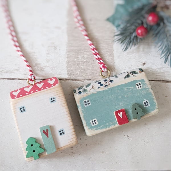 Set of 2 Wooden Christmas House Hanging Decorations