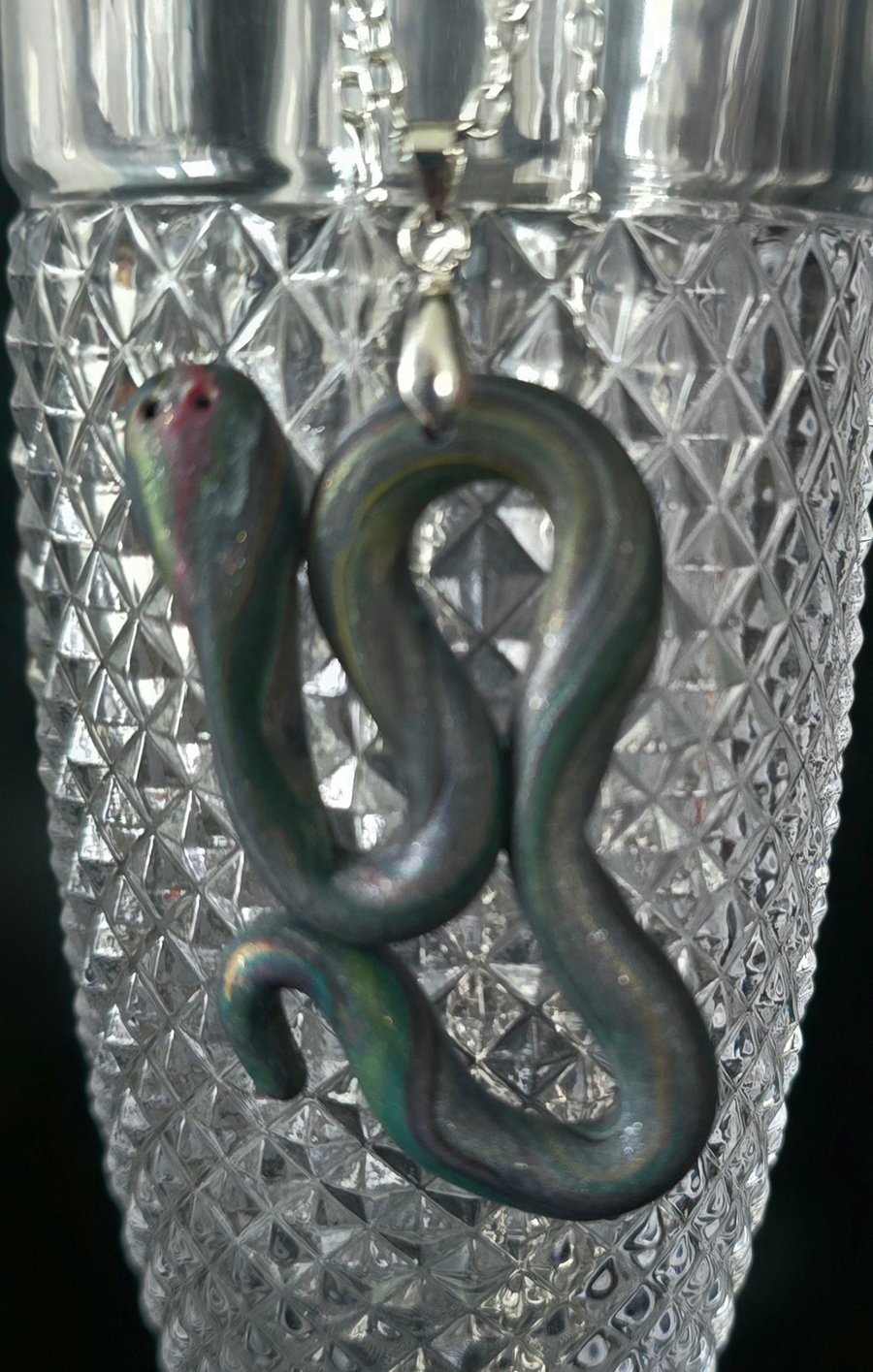 Polymer clay snake necklace on a silver plated chain