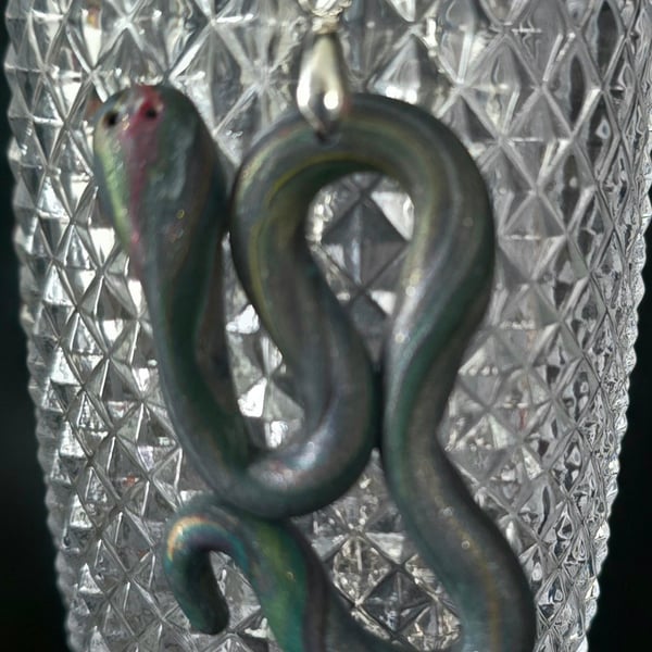 Polymer clay snake necklace on a silver plated chain