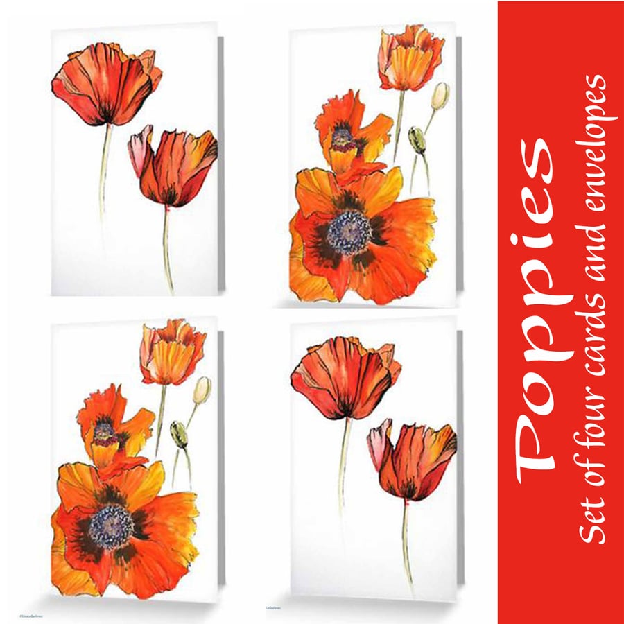 Poppy card set of four notelets gift for gardeners beautiful bundles