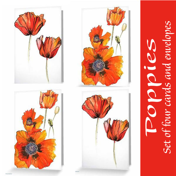 Poppy card set of four notelets gift for gardeners beautiful bundles