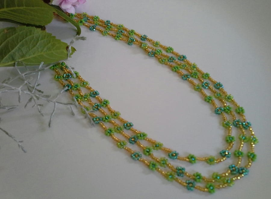 Layered Seed Bead Flower Necklace