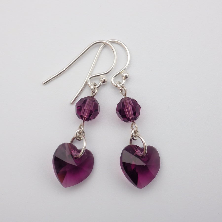 Sparkling Swarovski amethyst purple heart and round bead earrings